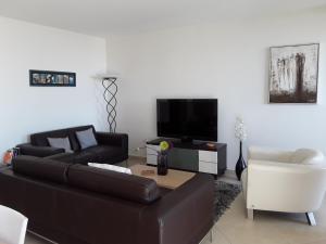 uma sala de estar com um sofá preto e uma televisão em Magnifique vue baie et Cap Canaille Parking/Piscine em Cassis