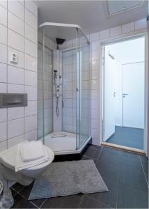 La salle de bains est pourvue d'une douche en verre et de toilettes. dans l'établissement Three-Bedroom Apartment, à Tjørhom