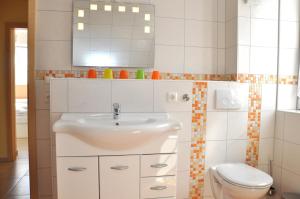 a bathroom with a sink and a toilet at Ferienhaus Müritzsonne / OG-Appartement in Marienfelde