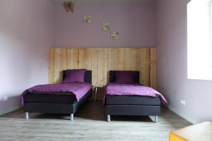 2 bedden in een kamer met paarse lakens bij Gîte le Seringa in Sousceyrac