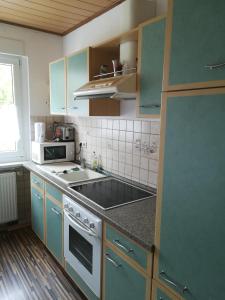 a kitchen with blue cabinets and a stove top oven at Ländliche Erholung 3 in Heideland +10 photos