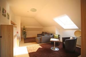 a living room with a couch and a skylight at Ferienwohnung Ramstein in Ramstein-Miesenbach