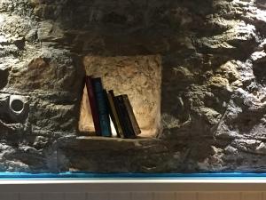 a shelf with books in a stone wall at Lagadi 1860 in Trakhíla