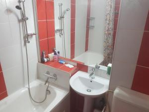 a small bathroom with a sink and a shower at Calea Victoriei Residence in Bucharest