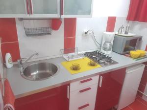 Il comprend une petite cuisine avec un évier et un comptoir. dans l'établissement Calea Victoriei Residence, à Bucarest