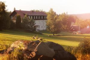 a house on a grassy field with a large rock at Hotel Rohanov in Lhota nad Rohanovem
