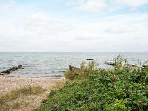 ヒュールスミンネにある5 person holiday home in Juelsmindeのベンチ付きのビーチと水上ボート