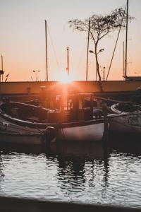 a group of boats docked in the water at sunset at Strandmotellet in Greve