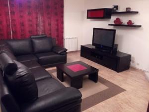 a living room with a leather couch and a television at House Victoria in Nazaré