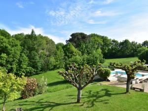 - une vue sur une cour avec des arbres et une piscine dans l'établissement Luxurious Mansion in Aquitaine with Swimming Pool, à Port-Sainte-Foy-et-Ponchapt