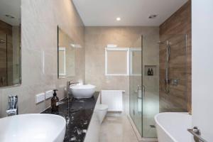 uma casa de banho com um lavatório, um WC e um chuveiro em Mountain Vista - recently renovated beautiful home with spa pool em Queenstown