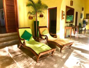 two chairs sitting in a room with a palm tree at Khomba Beach House in Alankuda