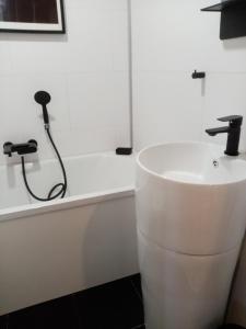 uma casa de banho branca com um lavatório e um chuveiro em LOU CLEDOU em Cendrieux
