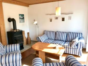 una sala de estar con sofás de rayas azules y blancas y una estufa de leña. en Ostsee Apartments Salzhaff, en Zweedorf
