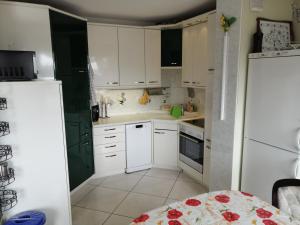 a kitchen with white cabinets and a black refrigerator at Großes PANORAMA APARTMENT in Bingen am Rhein