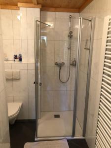um chuveiro com uma porta de vidro na casa de banho em Appartement Asitz em Leogang