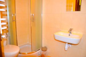 a bathroom with a sink and a shower and a toilet at Ośrodek Wypoczynkowo-Szkoleniowy HALNY in Zawoja +26 photos