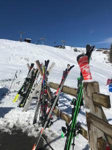 a group of skis and snowboards are lined up in the snow at Chez Gaby 1670 in Champoussin +32 photos