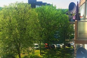 Blick auf einen Parkplatz mit Bäumen und Autos in der Unterkunft Komplett ausgestattetes Apartment in Dormagen in Dormagen