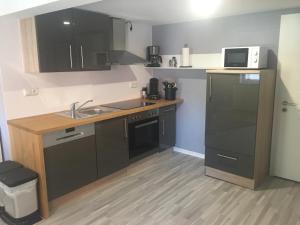 a small kitchen with a sink and a microwave at Studio Haus Lindenteichblick in Atzenhausen