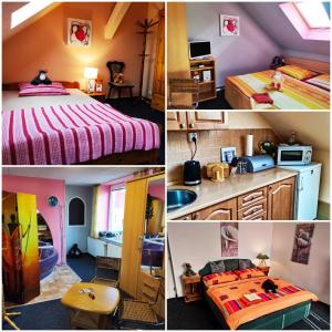 un collage de cuatro fotos de un dormitorio en Penzion u Krtka en Kraslice