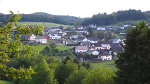 a small town with houses in a green field at Gästezimmer Waldblick in Wimbach
