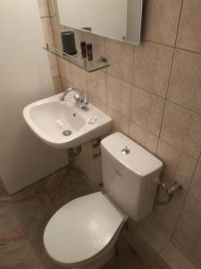 a bathroom with a white toilet and a sink at AMARYLLIS in Batsi +10 photos