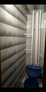 a bathroom with a blue toilet in a room at Уютная квартира рядом с метpo Холодная гора in Kharkiv