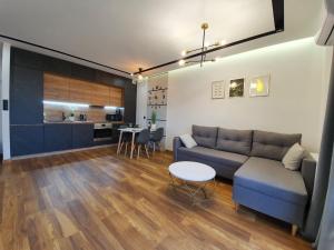 a living room with a couch and a table at Nowy Apartament 58 z klimatyzacją in Iława