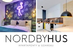 格但斯克的住宿－NORDBYHUS Apartamenty Chmielna Park，厨房以及带粉红色火烈鸟壁纸的卧室。