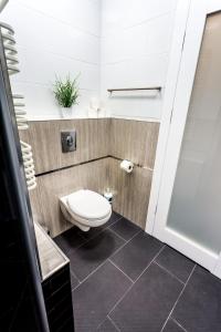 La petite salle de bains est pourvue de toilettes et d'un lavabo. dans l'établissement JessApart– Babka Tower Apartment, à Varsovie