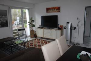 ヴッパータールにある2 Zimmer Wohnung Wuppertal mit Terrasseのリビングルーム(ソファ、テレビ付)