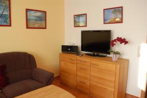a living room with a chair and a flat screen tv at Zum Sonnenuntergang in Zingst