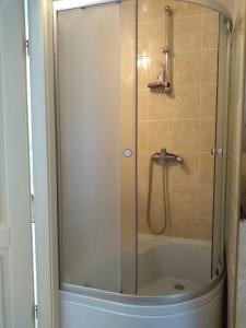 um chuveiro com uma porta de vidro na casa de banho em Augutės Zurlienės apartamentai em Trakai