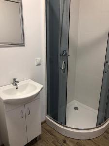 a white bathroom with a shower and a sink at Powidz pokoje z widokiem na jezioro in Powidz