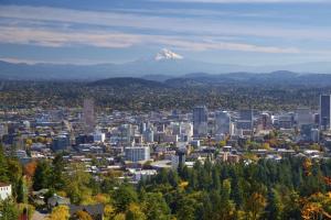 vistas a una ciudad con una montaña en el fondo en Milwaukie Heights North Studio en Oak Grove