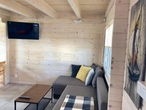 a living room with a couch and a tv on a wall at Merinn in Rogowo