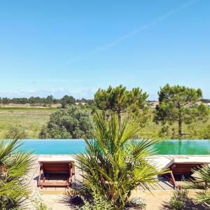 vista su una piscina d'acqua con alberi di Casas de Arroz a Comporta