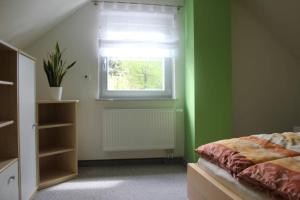 1 dormitorio con paredes verdes y 1 cama con ventana en Haus Elbblick, en Gasern