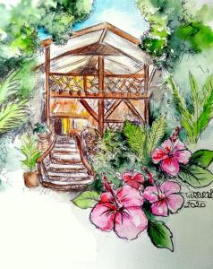 a drawing of a garden with pink flowers at Haere Mai I Te Fare in Teavaro