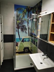 a bathroom with a sink and a mirror with a van at Pension unterm Schlossturm in Haag in Oberbayern