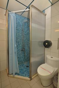 a bathroom with a shower and a toilet at 吉貝 新港景 亞泰民宿 編號133 in Baisha