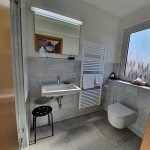 a bathroom with a sink and a toilet and a mirror at BB City Hotel in Böblingen