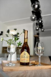 托考伊的住宿－Marika Vendégháza，桌子上放有一瓶葡萄酒和两杯酒