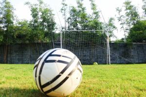 a soccer ball sitting on the grass in front of a goal at Banyan Tree Yangshuo in Yangshuo