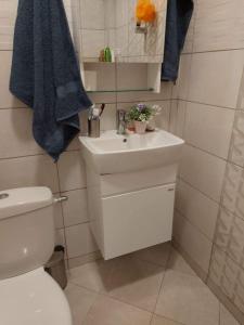 a bathroom with a white sink and a toilet at Sweet Home in Burgas City