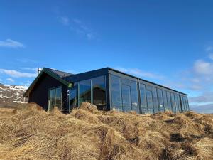 a house on top of a pile of hay at Hofsstadir - Country Hotel in Hofstaðir