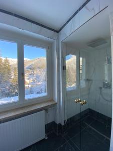 La salle de bains est pourvue d'une douche et d'une fenêtre. dans l'établissement Residenz Kaiser Franz Josef, à Bad Gastein