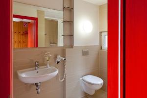 a bathroom with a sink and a toilet and a mirror at AS Feriendorf in Wangerland