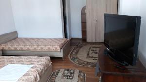 a living room with a flat screen tv and two beds at Вила Багрянови in Dospat +12 photos